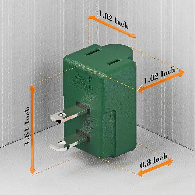 Alt view image 2 of 7 - 2 Prong 90 Degree AC Adapter, Plugrand NEMA 1-15P to 1-15R Left Angled Adapter, Polarized 2 Prong L Type Adapter, Vertical NEMA 2 Pin Power Adapter, PA-0506G Green Color