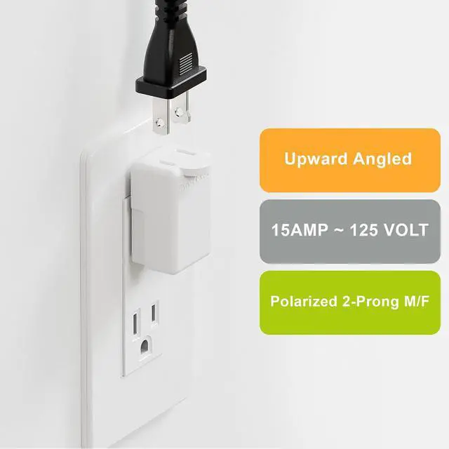 Alt view image 4 of 7 - 90 Degreen 2 Prong Adapter, Plugrand Up Angled Nema 1-15P to 1-15R UP Angled Adapter, US 2 Pin Adapter PA-0507 White Color