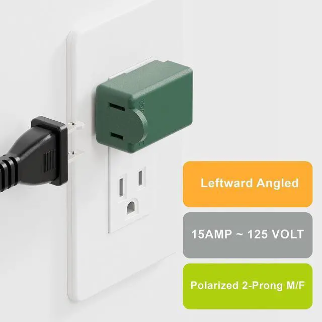 Alt view image 4 of 7 - 2 Prong 90 Degree AC Adapter, Plugrand NEMA 1-15P to 1-15R Left Angled Adapter, Polarized 2 Prong L Type Adapter, Vertical NEMA 2 Pin Power Adapter, PA-0506G Green Color