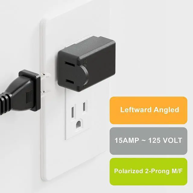 Alt view image 4 of 7 - Right Angle 2-Prong 90 Degree Leftward AC Adapter, Polarized L Type, Vertical Down Power Adapter, PA-0506B Black