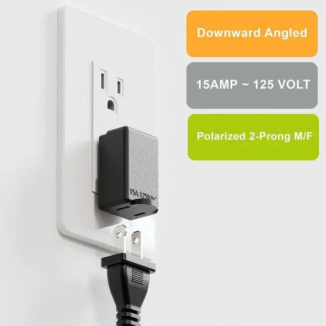 Alt view image 2 of 7 - ETL Listed 2-Prong 1-15P 90 Degree Downward Angled AC Adapter | Polarized 2-Prong L Type Adapters, Vertical Right Angled Power Adapters, PA-0502B, Black