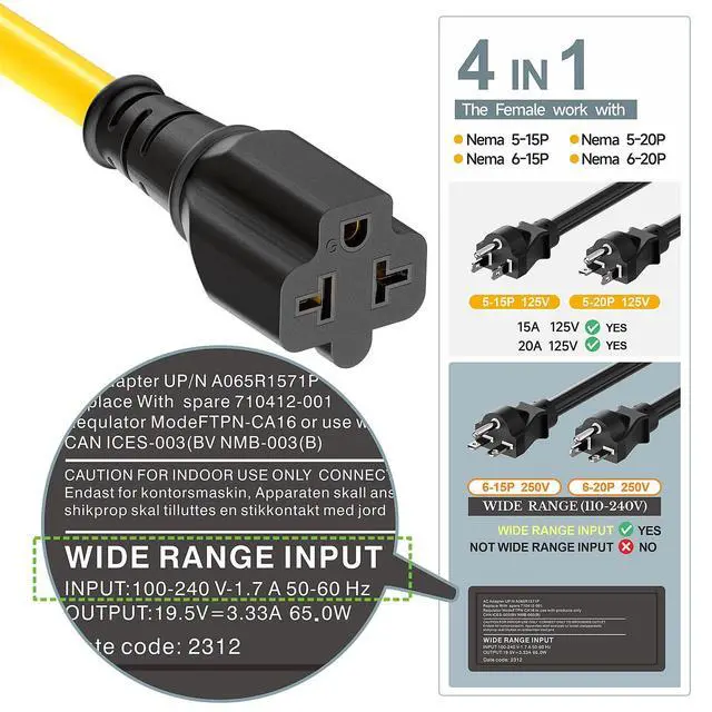 Alt view image 2 of 7 - Plugrnad 4 in 1 NEMA 5-15P to 5-15R/ 5-20R/ 6-15R/ 6-20R AC Adapter, 6FT | 12AWG 15 Amp Household AC Plug to 20 Amp T Blade Adapter Cord, 15A 125V to 20A 250V Extension Cable, 6FT