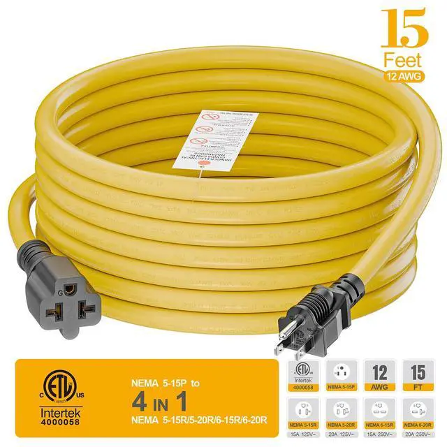 Alt view image 2 of 7 - 15FT NEMA 5-15P to 5-15R/ 5-20R/ 6-15R/ 6-20R AC Adapter | 12AWG 15 Amp Household AC Plug to 20 Amp T Blade Adapter Cable, 15A 125V to 20A 250V Extension Cable, 15 FT