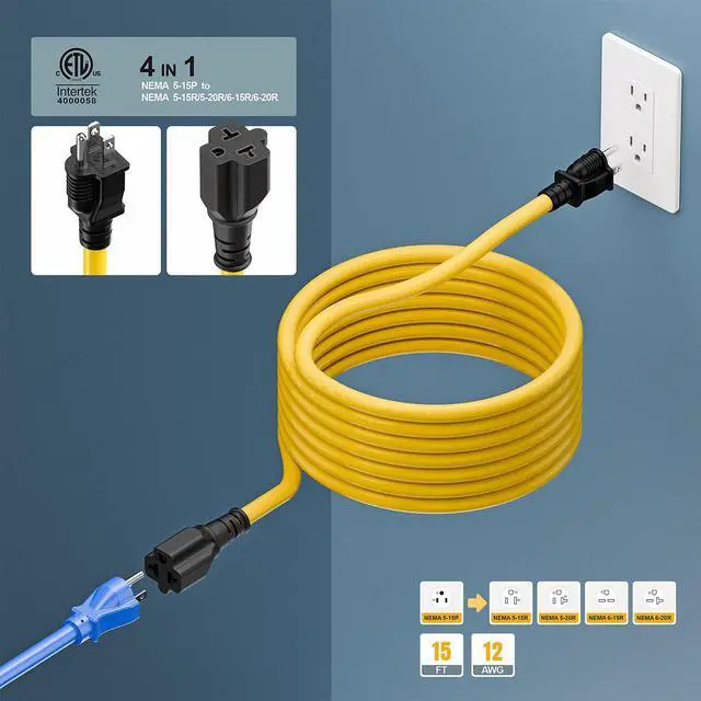 Alt view image 4 of 7 - 15FT NEMA 5-15P to 5-15R/ 5-20R/ 6-15R/ 6-20R AC Adapter | 12AWG 15 Amp Household AC Plug to 20 Amp T Blade Adapter Cable, 15A 125V to 20A 250V Extension Cable, 15 FT
