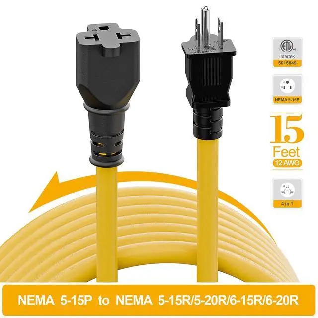 Alt view image 5 of 7 - 15FT NEMA 5-15P to 5-15R/ 5-20R/ 6-15R/ 6-20R AC Adapter | 12AWG 15 Amp Household AC Plug to 20 Amp T Blade Adapter Cable, 15A 125V to 20A 250V Extension Cable, 15 FT