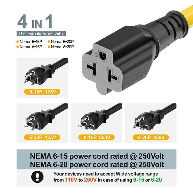 Alt view image 6 of 7 - 15FT NEMA 5-15P to 5-15R/ 5-20R/ 6-15R/ 6-20R AC Adapter | 12AWG 15 Amp Household AC Plug to 20 Amp T Blade Adapter Cable, 15A 125V to 20A 250V Extension Cable, 15 FT