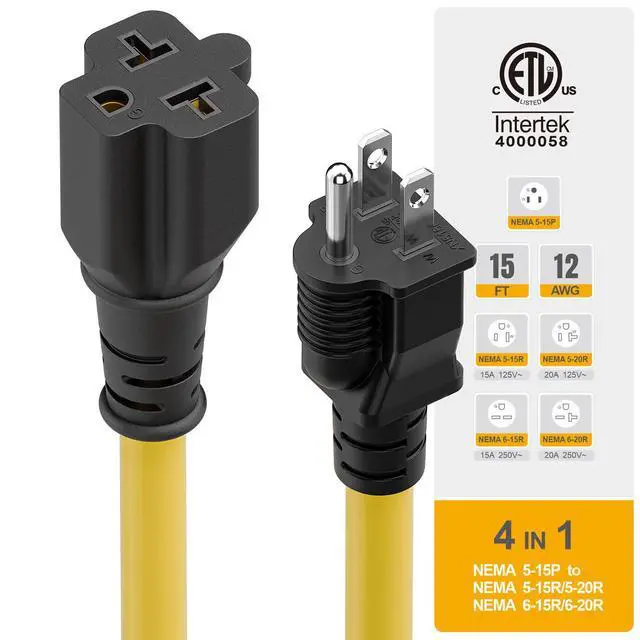 Alt view image 7 of 7 - 15FT NEMA 5-15P to 5-15R/ 5-20R/ 6-15R/ 6-20R AC Adapter | 12AWG 15 Amp Household AC Plug to 20 Amp T Blade Adapter Cable, 15A 125V to 20A 250V Extension Cable, 15 FT
