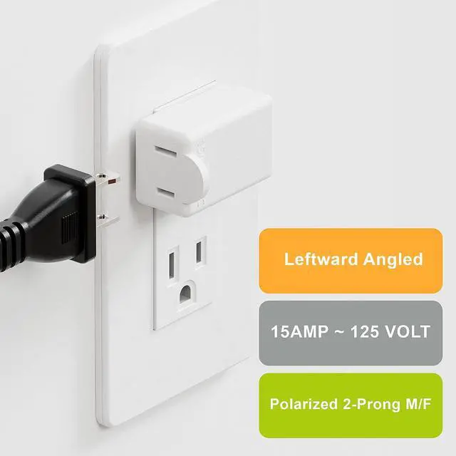 Alt view image 3 of 7 - 90 Degree 2 Pin Adapter, Plugrand Nema 1-15P to 1-15R Left Angled Adapter, 2 Prong Angled Adapter, NEMA 1-15P Power Adapter, PA-0506 White Color
