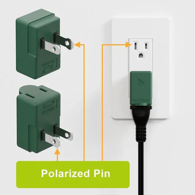 Alt view image 3 of 7 - 90 Degree 2 Prong Adapter, Plugrand ETL Listed Down Angled 1-15P Adapter | Polarized 2-Prong L Type Adapter, 1-15P to 1-15R Vertical Down Angle Power Adapter, PA-0502G, Green