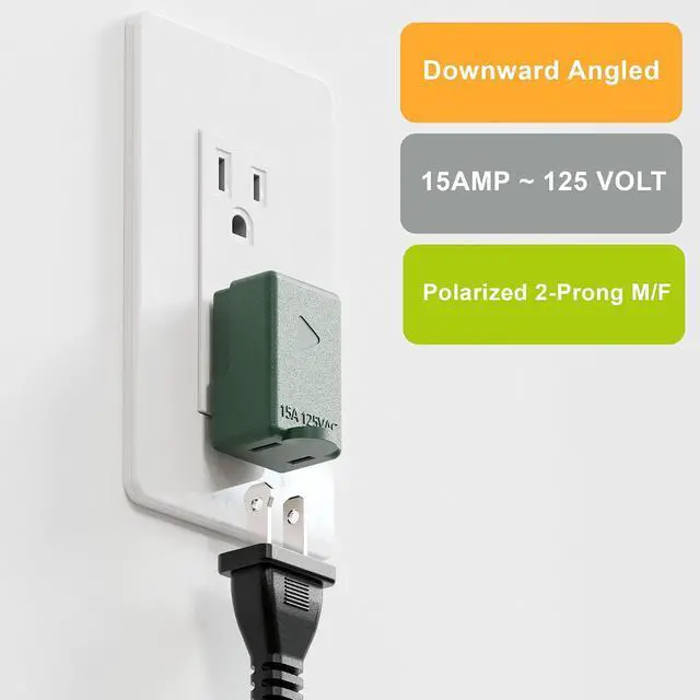 Alt view image 2 of 7 - 90 Degree 2 Prong Adapter, Plugrand ETL Listed Down Angled 1-15P Adapter | Polarized 2-Prong L Type Adapter, 1-15P to 1-15R Vertical Down Angle Power Adapter, PA-0502G, Green