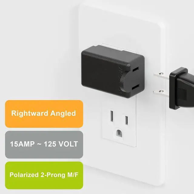 Alt view image 3 of 7 - 1-15P Adapter, 2 Prong 90 Degree Rightward Angled AC Adapter | ETL LISTED Polarized 1-15P to 1-15R L Type Adapter, 2-ProngVertical Right Angled Down Angle Power Adapter, PA-0503B Black