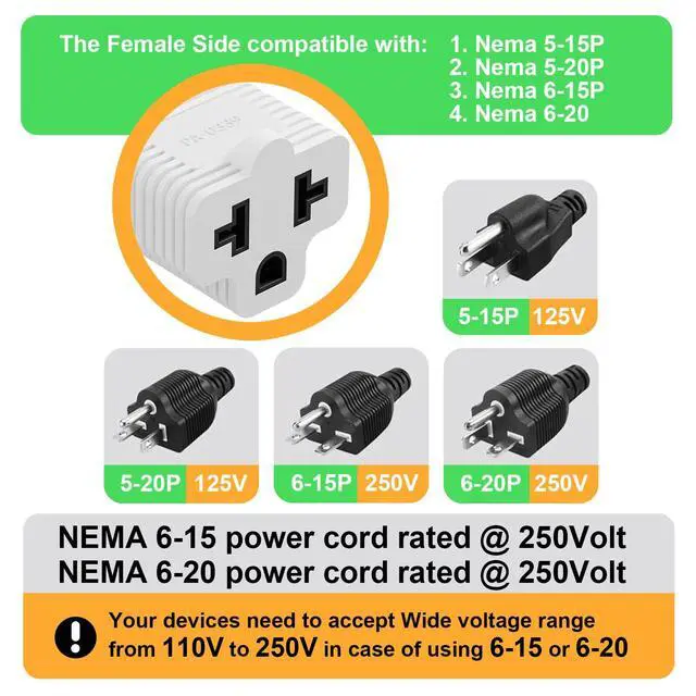 Alt view image 7 of 7 - 4-in-1 5-15P to 5-20R, 5-15R, 6-15R, 6-20R 4 in 1 AC Power Adapter | 15 Amp Household AC Plug to 20 Amp T Blade Adapter, 15A 125V to 20A 250V Adapter, White