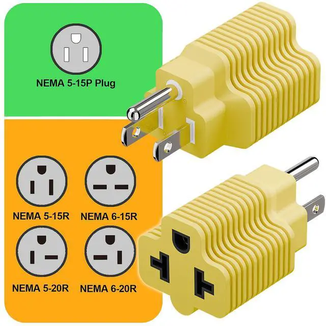 Alt view image 4 of 7 - 4-in-1 15 Amp to 20 Amp T Blade Adapter, 5-15P to 5-20R, 6-15R, 6-20R, Yellow, 2 Pack