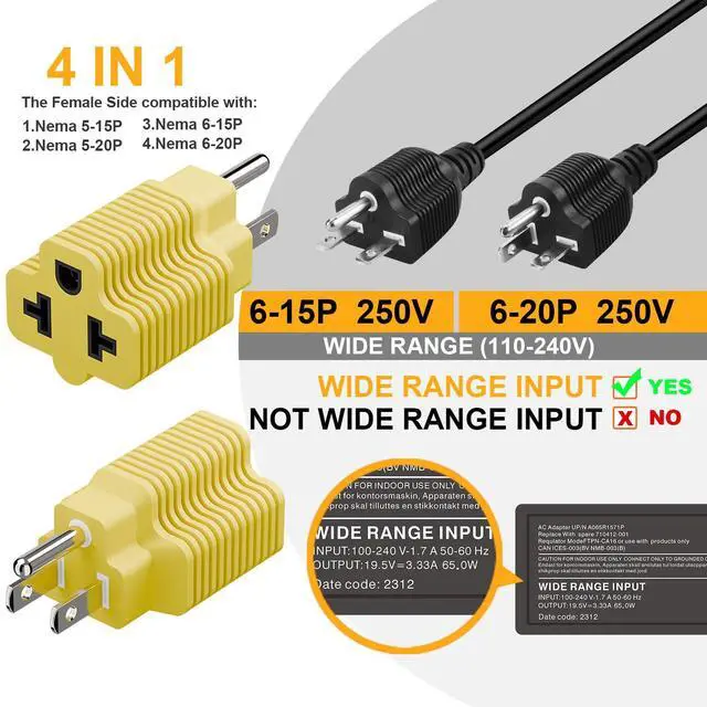 Alt view image 7 of 7 - 4-in-1 15 Amp to 20 Amp T Blade Adapter, 5-15P to 5-20R, 6-15R, 6-20R, Yellow, 2 Pack