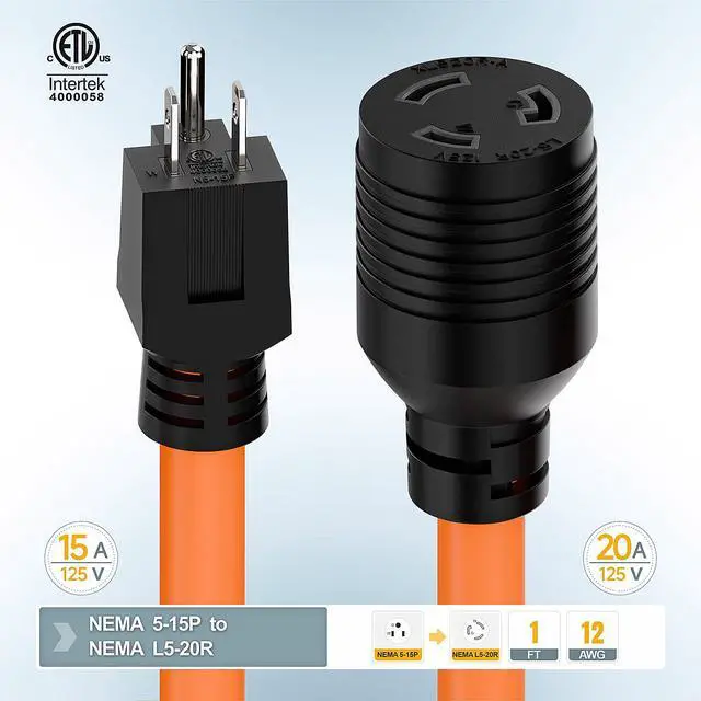 Alt view image 4 of 7 - 12-AWG Nema 5-15P to L5-20R Adapter, 1FT | 15-Amp 125V Household Plug to 20A 125V L5-20R Locking Industrial Grde Female Receptacle Cord