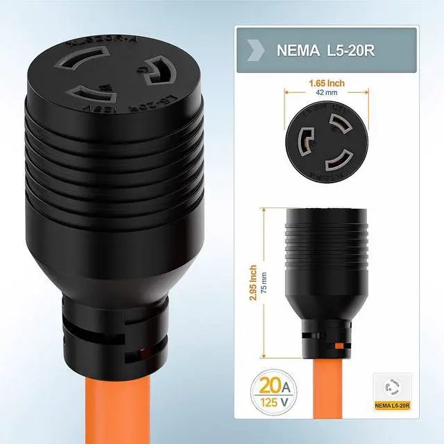 Alt view image 3 of 7 - 12-AWG Nema 5-15P to L5-20R Adapter, 1FT | 15-Amp 125V Household Plug to 20A 125V L5-20R Locking Industrial Grde Female Receptacle Cord