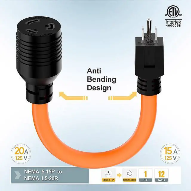 Alt view image 5 of 7 - 12-AWG Nema 5-15P to L5-20R Adapter, 1FT | 15-Amp 125V Household Plug to 20A 125V L5-20R Locking Industrial Grde Female Receptacle Cord
