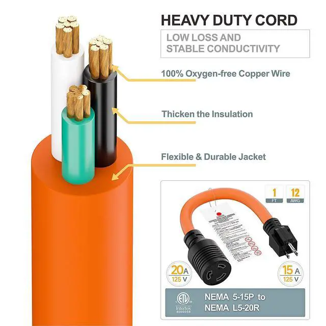 Alt view image 6 of 7 - 12-AWG Nema 5-15P to L5-20R Adapter, 1FT | 15-Amp 125V Household Plug to 20A 125V L5-20R Locking Industrial Grde Female Receptacle Cord
