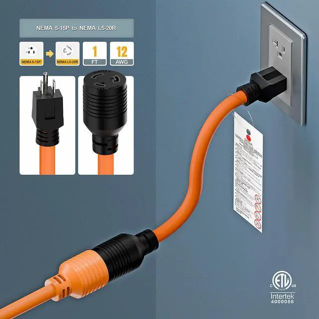 Alt view image 7 of 7 - 12-AWG Nema 5-15P to L5-20R Adapter, 1FT | 15-Amp 125V Household Plug to 20A 125V L5-20R Locking Industrial Grde Female Receptacle Cord