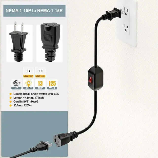 Alt view image 5 of 7 - Double Break On Off Switch Extension Cord, 2-Prong/2 Outlet Polarized Extension Cord with Switch 12A/125V for Your Chargers/Lamp/Power Adapters etc, SVT 16AWG Cord