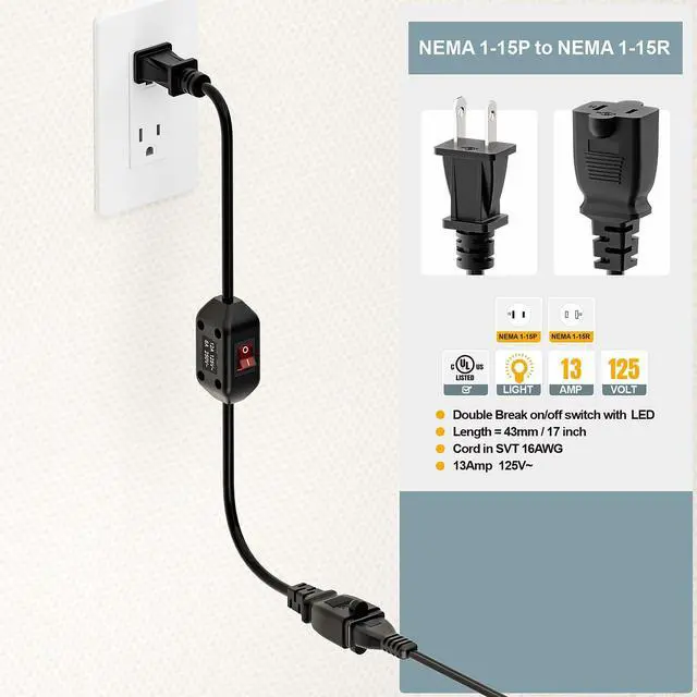 Alt view image 7 of 7 - Double Break On Off Switch Extension Cord, 2-Prong/2 Outlet Polarized Extension Cord with Switch 12A/125V for Your Chargers/Lamp/Power Adapters etc, SVT 16AWG Cord