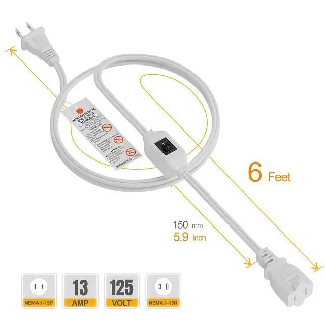 Alt view image 2 of 7 - 6FT On Off Switch Extension Cord, Plugrand 2-Prong Polarized Extension Cord with On-Off Inline Switch 12A 125V for Your Chargers/Lamp/Power Adapters Etc, 16AWG Cord White