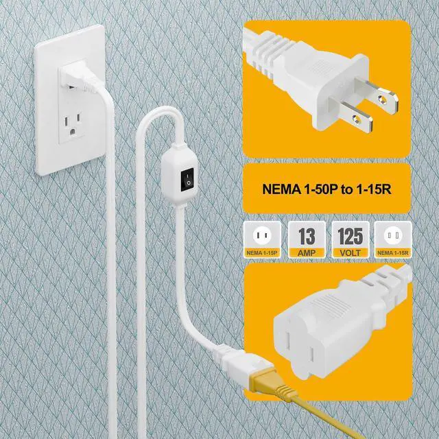 Alt view image 3 of 7 - 6FT On Off Switch Extension Cord, Plugrand 2-Prong Polarized Extension Cord with On-Off Inline Switch 12A 125V for Your Chargers/Lamp/Power Adapters Etc, 16AWG Cord White