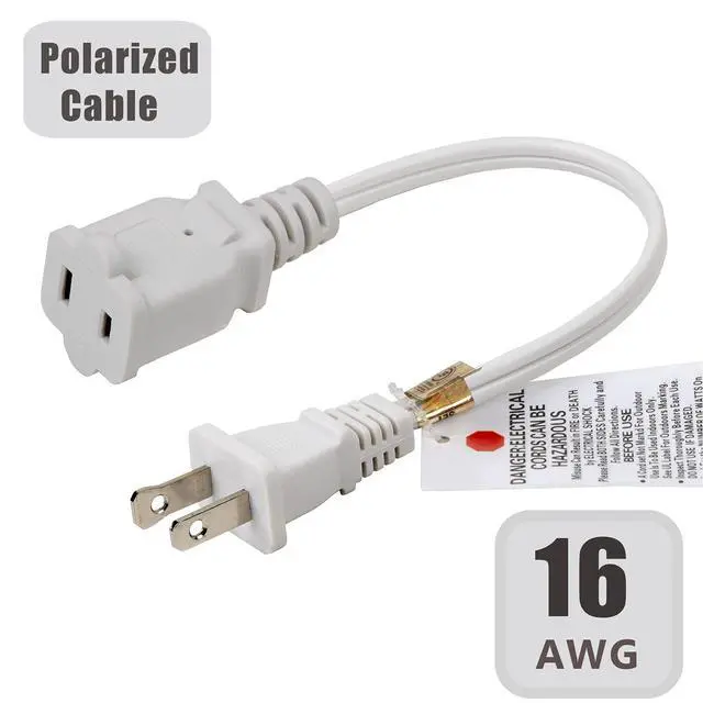 Alt view image 3 of 6 - 2Pack Short Polarized US 2 Prong Male-Female Extension Power Cord | 10A/125V 16AWG 2 Outlet Extension Cable Cord 1FT, Nema 1-15P to 1-15R Extension Cable, 1-Foot, White
