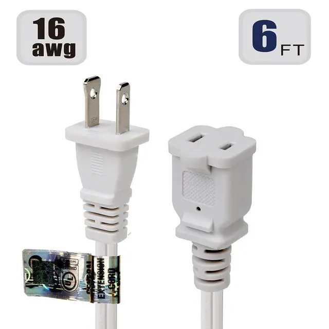 Alt view image 3 of 4 - 6FT Polarized US 2 Prong Male to Female Extension Power Cord | 16AWG 2 Prong Extension Cord, 2-Prong Male/Female Extension Cable, Nema 1-15P to 1-15R Extension Cord, White, 1.8Meters