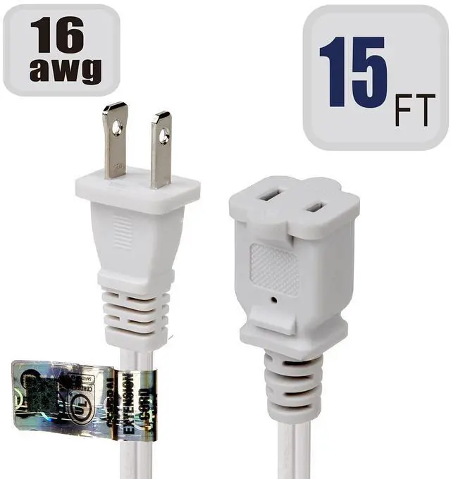 Alt view image 3 of 5 - 15FT Long Polarized US 2 Prong Male to Female Extension Power Cord | 16AWG 2 Pin Extension Cable 2-Prong Male/Female Extension, Nema 1-15P to 1-15R Extension Cable, 4.6Meters, White