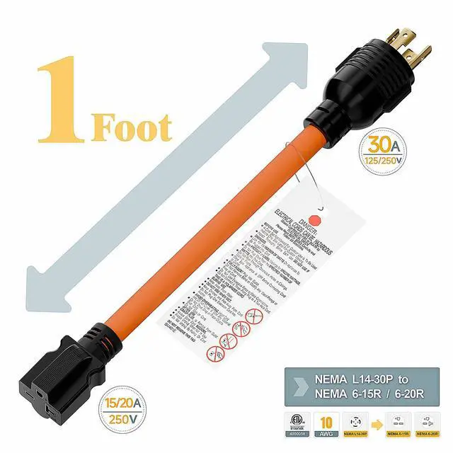 Alt view image 2 of 7 - 1FT Nema L14-30P 30Amp Locking Plug Male to 6-20R T-Blade Adapter | STW 10-AWG 30A 4-Prong 250V to 3 20A 250V 6-20/15R Adapter, L14-30 to 6-20 Adapter