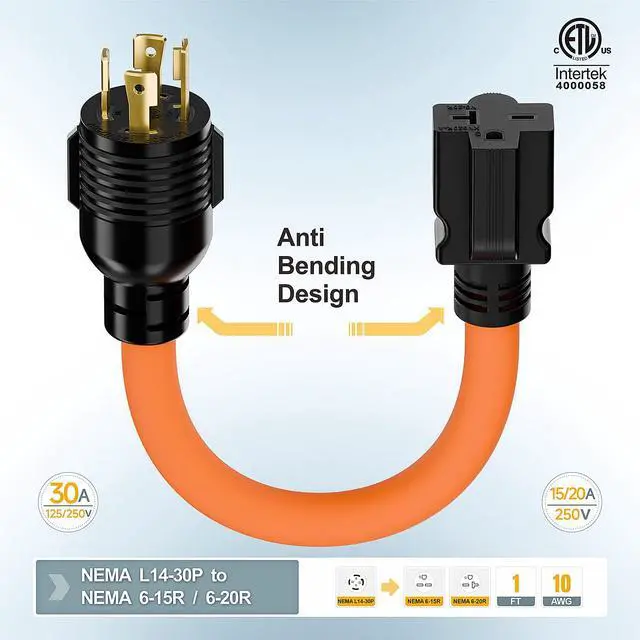 Alt view image 3 of 7 - 1FT Nema L14-30P 30Amp Locking Plug Male to 6-20R T-Blade Adapter | STW 10-AWG 30A 4-Prong 250V to 3 20A 250V 6-20/15R Adapter, L14-30 to 6-20 Adapter