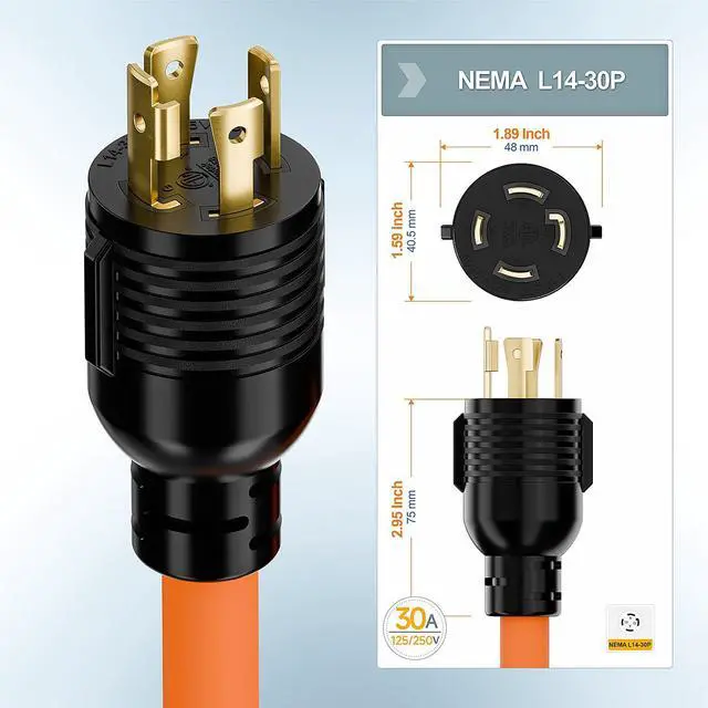 Alt view image 4 of 7 - 1FT Nema L14-30P 30Amp Locking Plug Male to 6-20R T-Blade Adapter | STW 10-AWG 30A 4-Prong 250V to 3 20A 250V 6-20/15R Adapter, L14-30 to 6-20 Adapter