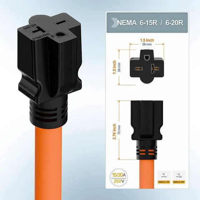 Alt view image 5 of 7 - 1FT Nema L14-30P 30Amp Locking Plug Male to 6-20R T-Blade Adapter | STW 10-AWG 30A 4-Prong 250V to 3 20A 250V 6-20/15R Adapter, L14-30 to 6-20 Adapter