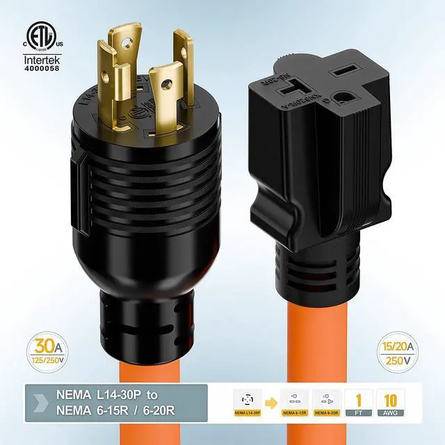 Alt view image 6 of 7 - 1FT Nema L14-30P 30Amp Locking Plug Male to 6-20R T-Blade Adapter | STW 10-AWG 30A 4-Prong 250V to 3 20A 250V 6-20/15R Adapter, L14-30 to 6-20 Adapter