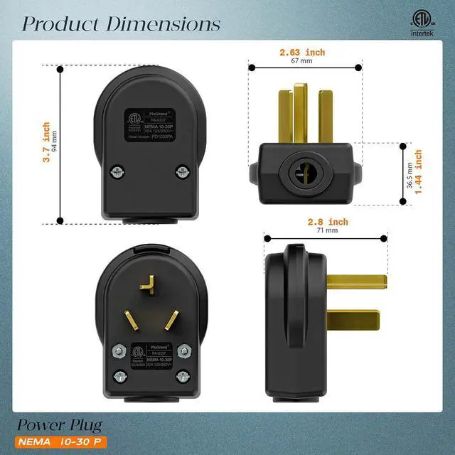 Alt view image 3 of 7 - ETL Certified Nema 10-30P Plug 30 Amp 125/250 Volt Plug | 3 Pole 3 Wire Grounding Straight Blade Connector for Dryer and Ranges, Work with Cable OD Max. 1.0 Inch
