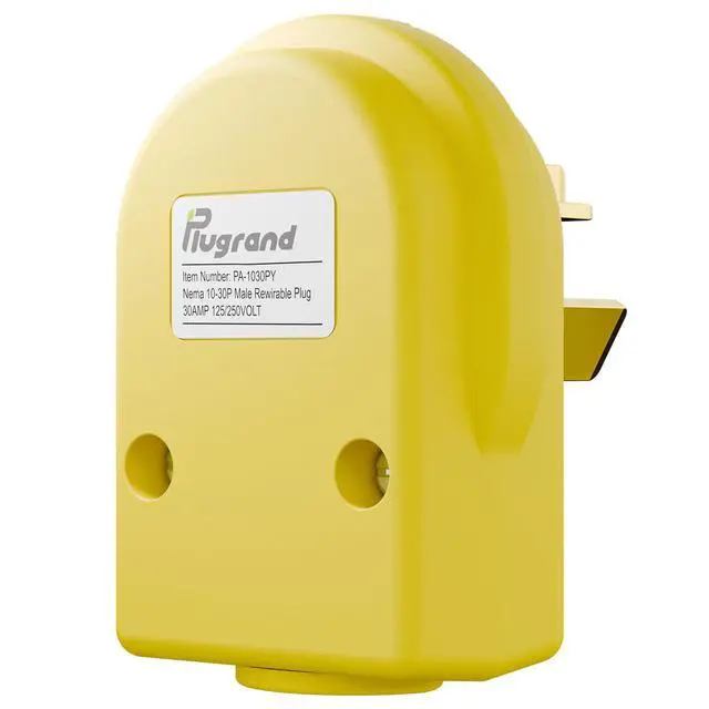 Alt view image 2 of 7 - Nema 10-30P 30 Amp 125/250 Volt 3 Pole 3 Wire Grounding Straight Blade Plug for Dryers and Ranges, Works with Cable OD Max. 1.0 Inch Yellow