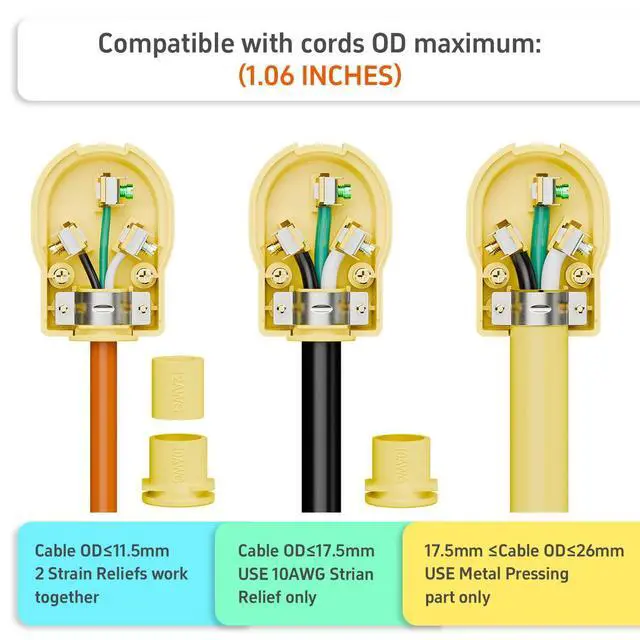 Alt view image 6 of 7 - Nema 10-30P 30 Amp 125/250 Volt 3 Pole 3 Wire Grounding Straight Blade Plug for Dryers and Ranges, Works with Cable OD Max. 1.0 Inch Yellow