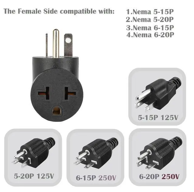 Alt view image 4 of 7 - Angled NEMA 5-20P Male to 5-15R, 5-20R, 6-15R, 6-20R Power Adapter | Not NEMA 5-15P Plug,4 in 1 Double T-Blade Receptacle, Downward Angled Power Adapter