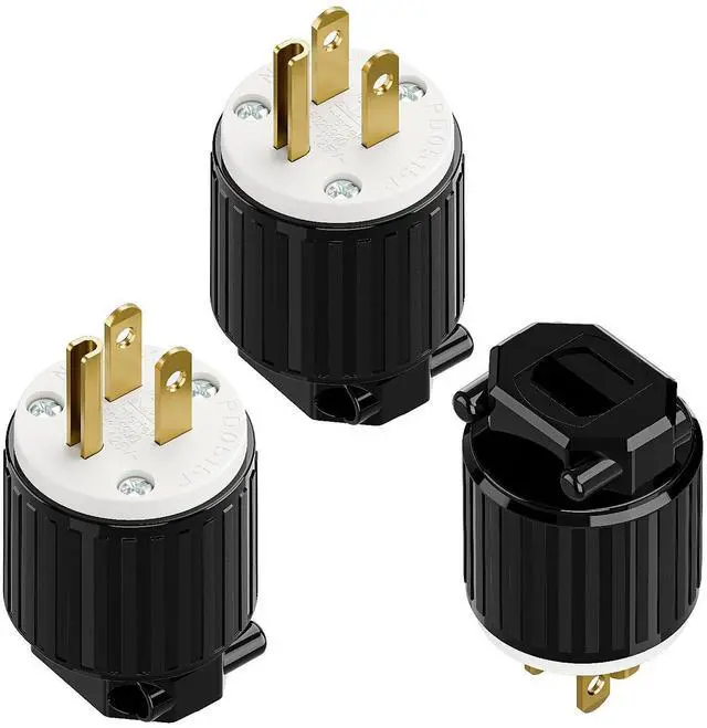 Main image of 3-Pack Nema 5-15P Male Plug, Plugrand ETL Listed 3-Prong Replacement Plug | 15AMP 125V, Straight Blade Industrial Grade AC Plugs, Compatible with 16/14/12AWG Cord (SJT SVT STO SJTW) Black/White