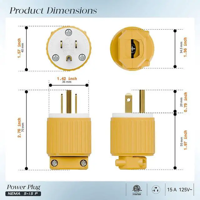Alt view image 2 of 7 - 2 Pack Nema 5-15P Male Plug, Plugrand ETL Listed 3-Prong Replacement Plug | 15AMP 125V, Straight Blade Industrial Grade AC Plugs, Compatible with 16/14/12AWG Cord (SJT SVT STO SJTW) Yellow