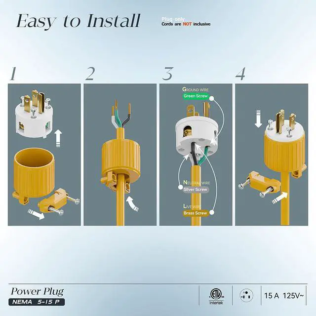 Alt view image 3 of 7 - 2 Pack Nema 5-15P Male Plug, Plugrand ETL Listed 3-Prong Replacement Plug | 15AMP 125V, Straight Blade Industrial Grade AC Plugs, Compatible with 16/14/12AWG Cord (SJT SVT STO SJTW) Yellow