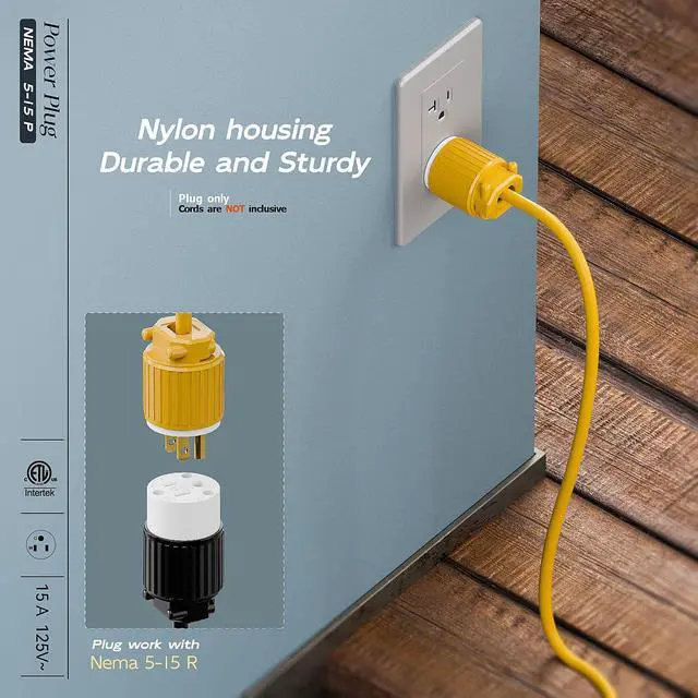 Alt view image 6 of 7 - 2 Pack Nema 5-15P Male Plug, Plugrand ETL Listed 3-Prong Replacement Plug | 15AMP 125V, Straight Blade Industrial Grade AC Plugs, Compatible with 16/14/12AWG Cord (SJT SVT STO SJTW) Yellow