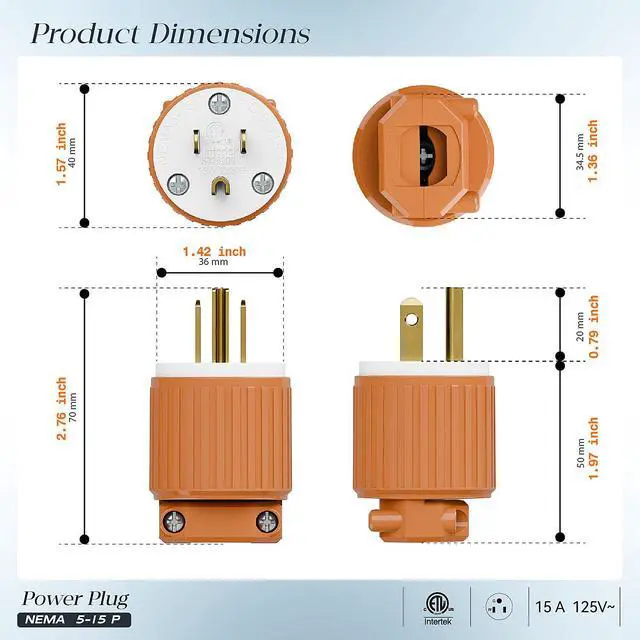 Alt view image 3 of 7 - 2 Pack Nema 5-15P Male Plug, Plugrand ETL Listed 3-Prong Replacement Plug | 15AMP 125V, Straight Blade Industrial Grade AC Plugs, Compatible with 16/14/12AWG Cord (SJT SVT STO SJTW) Orange
