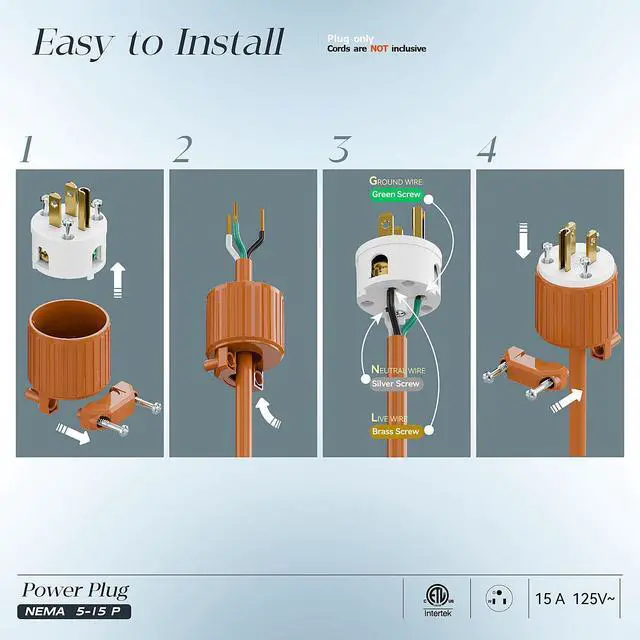 Alt view image 4 of 7 - 2 Pack Nema 5-15P Male Plug, Plugrand ETL Listed 3-Prong Replacement Plug | 15AMP 125V, Straight Blade Industrial Grade AC Plugs, Compatible with 16/14/12AWG Cord (SJT SVT STO SJTW) Orange