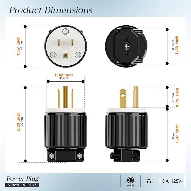 Alt view image 2 of 7 - 10-Pack Nema 5-15P Male Plug, Plugrand ETL Listed 3-Prong Replacement Plug | 15AMP 125V, Straight Blade Industrial Grade AC Plugs, Compatible with 16/14/12AWG Cord (SJT SVT STO SJTW) Black/White