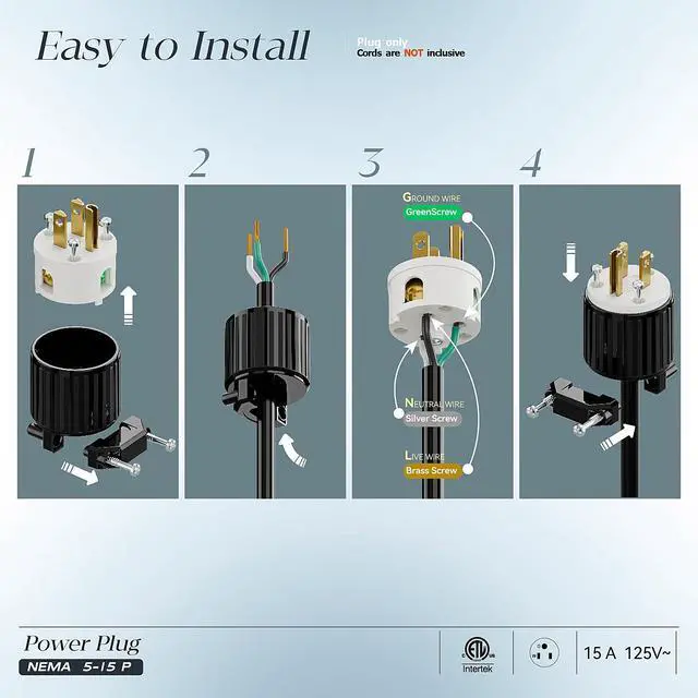 Alt view image 3 of 7 - 10-Pack Nema 5-15P Male Plug, Plugrand ETL Listed 3-Prong Replacement Plug | 15AMP 125V, Straight Blade Industrial Grade AC Plugs, Compatible with 16/14/12AWG Cord (SJT SVT STO SJTW) Black/White