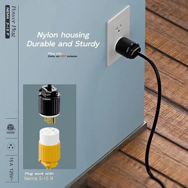 Alt view image 6 of 7 - 10-Pack Nema 5-15P Male Plug, Plugrand ETL Listed 3-Prong Replacement Plug | 15AMP 125V, Straight Blade Industrial Grade AC Plugs, Compatible with 16/14/12AWG Cord (SJT SVT STO SJTW) Black/White