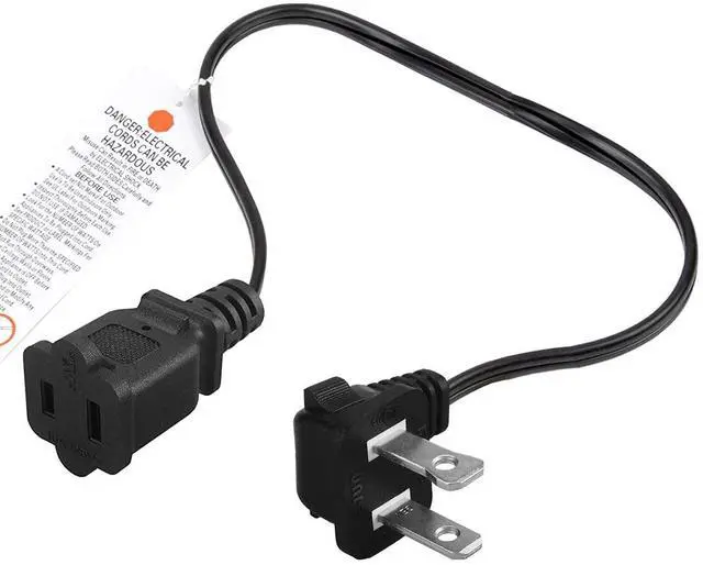 Main image of Short Extension Power Cable, Right Angled Polarized US 2-Prong Male-Female | Angled 2 Prong Extension Cable Cord, 10A/125V 16AWG, 1Foot, Black