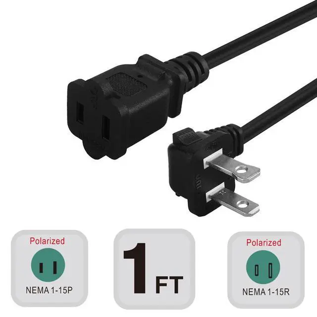 Alt view image 2 of 4 - Short Extension Power Cable, Right Angled Polarized US 2-Prong Male-Female | Angled 2 Prong Extension Cable Cord, 10A/125V 16AWG, 1Foot, Black